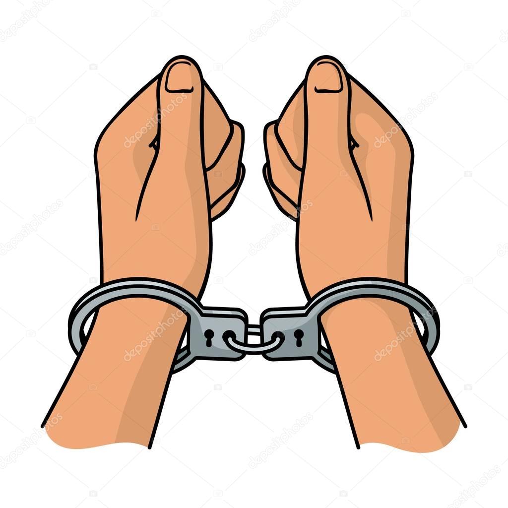 Hands in handcuffs icon in cartoon style isolated on white background. Crime symbol stock vector illustration.