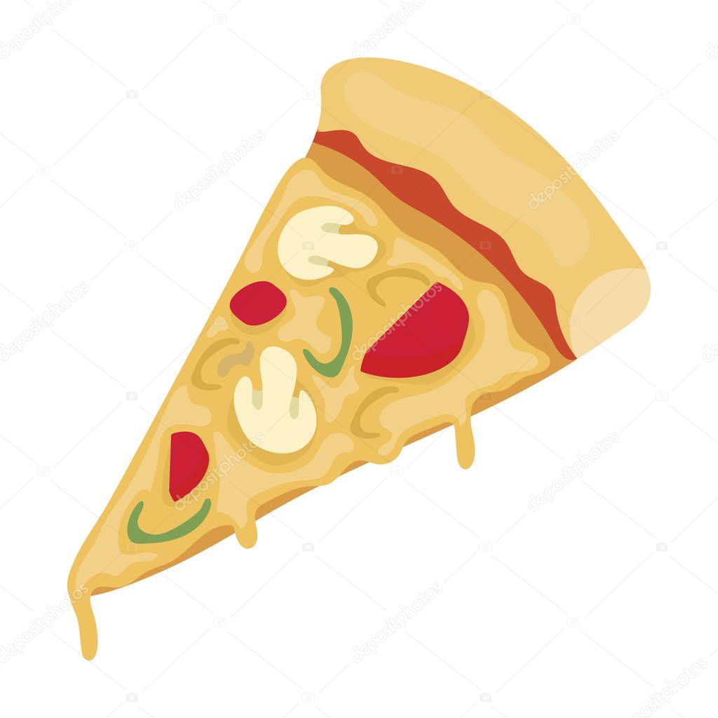 Slice of pizza icon in cartoon style isolated on white background. Pizza and pizzeria symbol stock vector illustration.