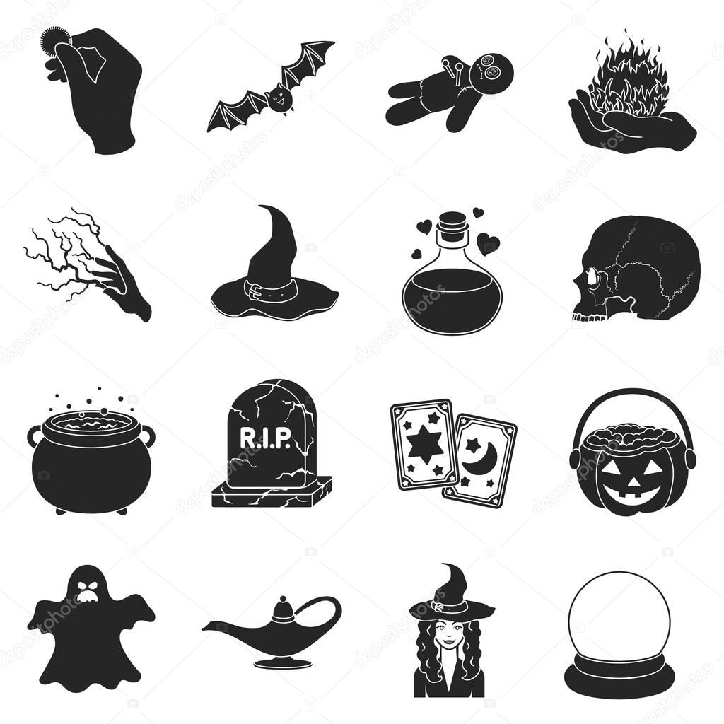 Black and white magic set icons in black style. Big collection of black and white magic vector symbol stock