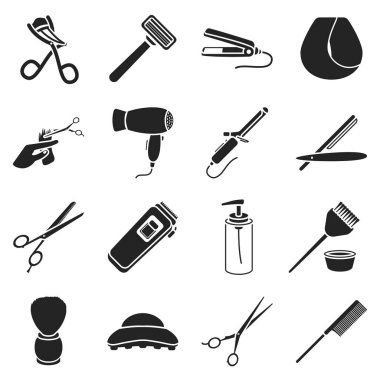 Hairdressery simgeler siyah tarzında ayarlayın. Kuaför vektör simge stok çizim büyük toplama
