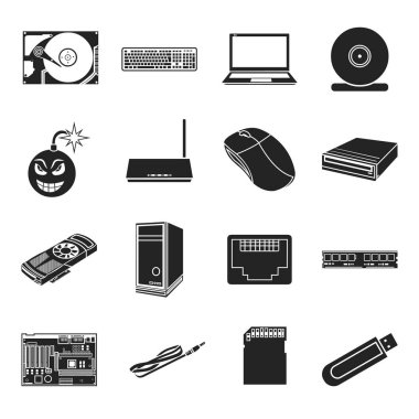 Kişisel bilgisayar simgeler siyah tarzında ayarlayın. Kişisel bilgisayar vektör simge stok çizim büyük toplama