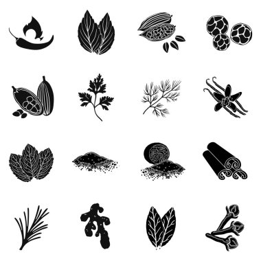 Ot ve baharat simgeler siyah tarzında ayarlayın. Ot ve baharat büyük koleksiyonu sembol stok illüstrasyon vektör