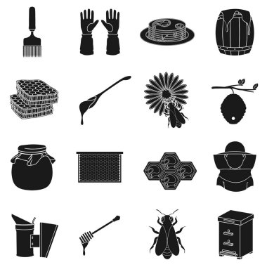 Arı kovanı simgeler siyah tarzında ayarlayın. Arı kovanı vektör simge stok çizim büyük toplama