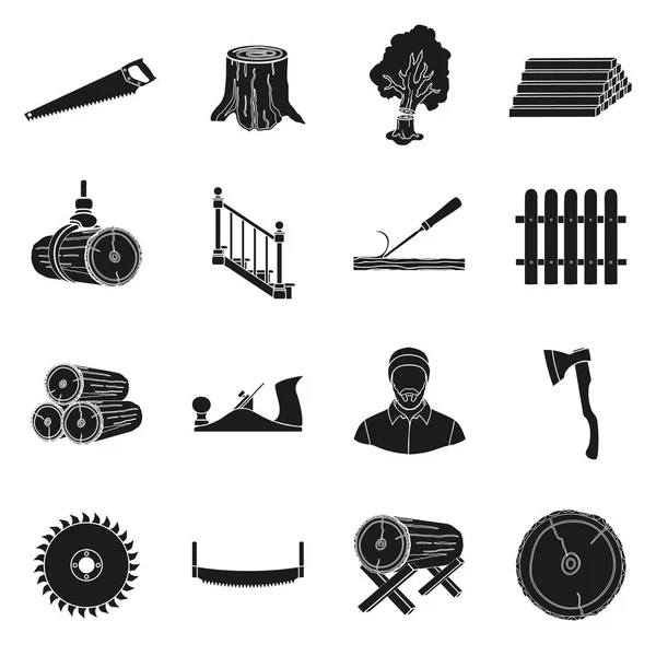 Sawmil e madeira definir ícones em estilo preto. Grande coleção de serraria e madeira vetor símbolo estoque ilustração — Vetor de Stock