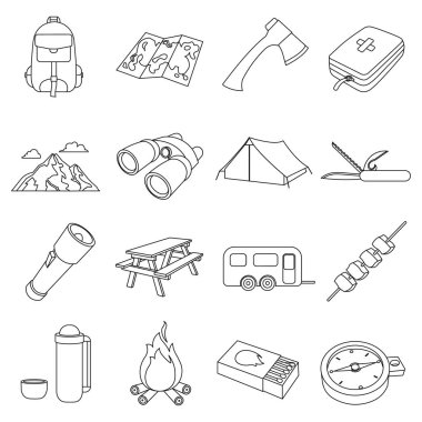 Kamping set simgeleri anahat tarzı. Büyük toplama kamp vektör simge stok çizim