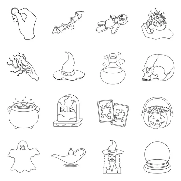 Siyah ve beyaz sihir simgeleri anahat stilinde ayarlayın. Büyük toplama ve white magic sembol stok illüstrasyon vektör