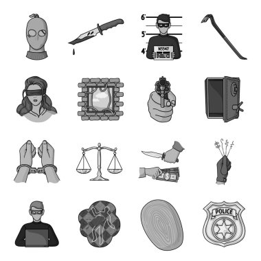 Suç, tek renkli bir tarzda Icons set. Suç vektör simge stok çizim büyük toplama