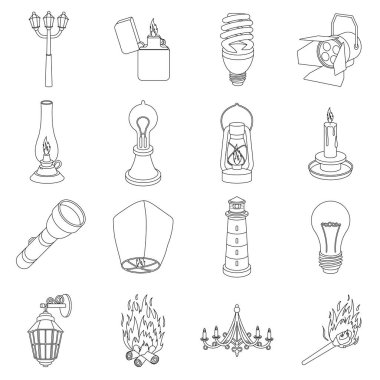 Işık kaynağı simgeleri anahat stilinde ayarlayın. Işık kaynağının vektör simge stok çizim büyük toplama