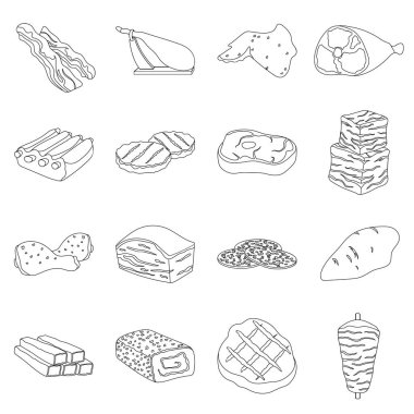 Etler simgeleri anahat stilinde ayarlayın. Etler büyük toplama sembol stok illüstrasyon vektör