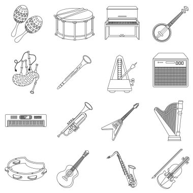 Müzik aletleri simgeleri anahat stilinde ayarlayın. Büyük müzik aletleri koleksiyonu sembol stok illüstrasyon vektör