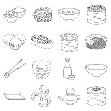 Sushi set simgeleri anahat stilinde. Suşi vektör simge stok çizim büyük toplama