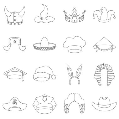 Şapka simgeleri anahat stilinde ayarlayın. Büyük şapka koleksiyonu sembol stok illüstrasyon vektör