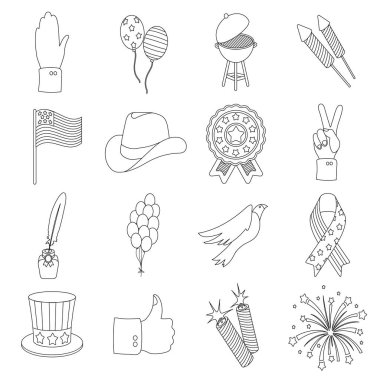 Vatansever gün set simgeleri anahat stilinde. Vatansever gün vektör simge stok çizim büyük toplama