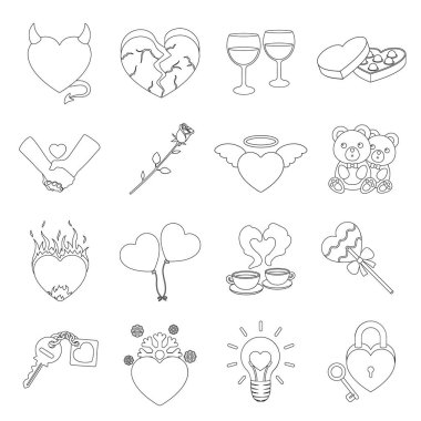 Romantik simgeleri anahat stilinde ayarlayın. Romantik vektör simge stok çizim büyük toplama