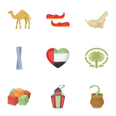 Arap Emirlikleri karikatür tarzı simgeleri ayarlayın. Arap Emirlikleri büyük toplama sembol stok illüstrasyon vektör