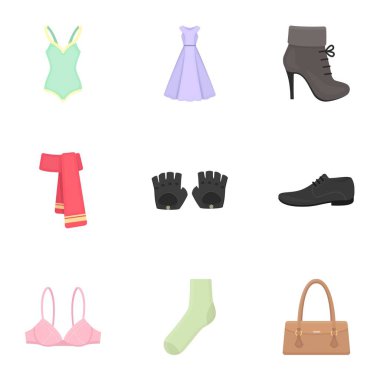 Giysi karikatür tarzı simgeleri ayarlayın. Giysi büyük koleksiyonu sembol stok illüstrasyon vektör