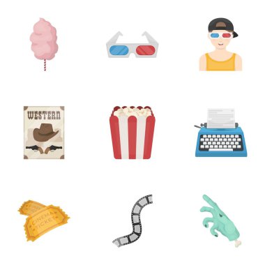 Filmler ve sinema çizgi film tarzı simgeleri ayarlayın. Filmler ve sinema vektör simge stok çizim büyük koleksiyonu