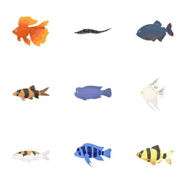Akvaryum balık karikatür tarzı simgeleri ayarlayın. Akvaryum balık büyük toplama sembol stok illüstrasyon vektör