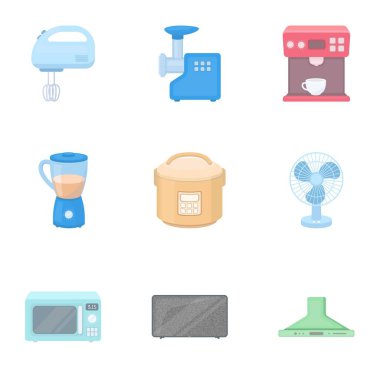 Ev aletleri, karikatür tarzı simgeleri ayarlayın. Büyük ev aletleri koleksiyonu sembol stok illüstrasyon vektör