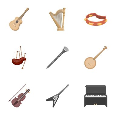 Müzik aletleri, karikatür tarzı simgeleri ayarlayın. Büyük müzik aletleri koleksiyonu sembol stok illüstrasyon vektör
