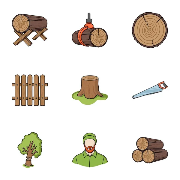 Sawmil dan kayu set ikon dalam gaya kartun. Koleksi besar sawmill dan vektor kayu simbol gambar stok - Stok Vektor