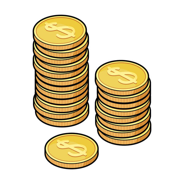 Golden coins icon in cartoon style isolated on white background. Money and finance symbol stock vector illustration.