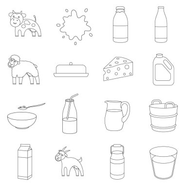 Süt simgeleri anahat stilinde ayarlayın. Süt vektör simge stok çizim büyük toplama