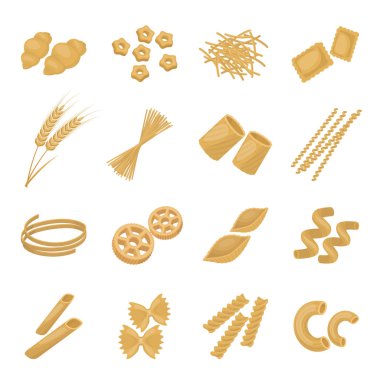 Makarna türü çizgi film tarzı simgeleri ayarlayın. Makarna vektör simge stok illüstrasyon tür büyük toplama