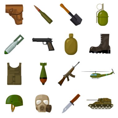 Askeri ve ordu simgeler karikatür tarzı ayarlayın. Askeri büyük toplama ve ordu sembol stok illüstrasyon vektör