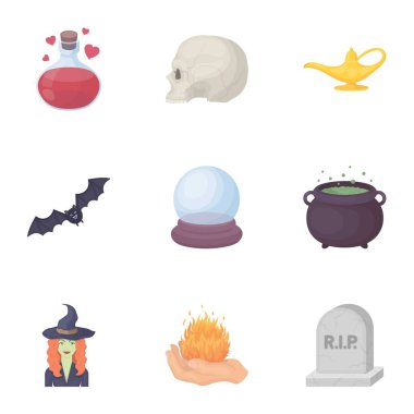 Siyah ve beyaz sihir karikatür tarzı simgeleri ayarlayın. Siyah ve beyaz sihirli vektör simge stok çizim büyük toplama