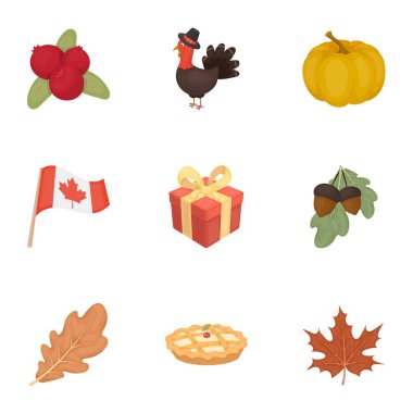 Kanadalı Şükran günü karikatür tarzı simgeleri ayarlayın. Kanadalı Şükran günü vektör simge stok çizim büyük toplama