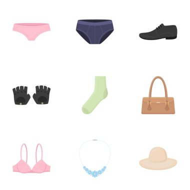 Giysi karikatür tarzı simgeleri ayarlayın. Giysi büyük koleksiyonu sembol stok illüstrasyon vektör