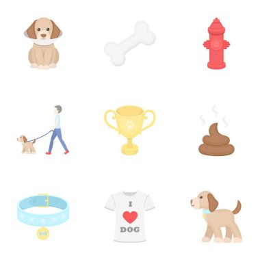 Köpek ekipman karikatür tarzı simgeleri ayarlayın. Büyük koleksiyon köpek ekipman vektör simge stok çizim