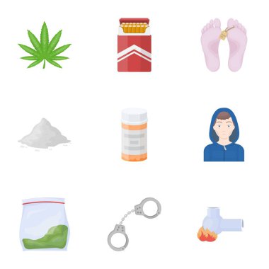 Uyuşturucu karikatür tarzı simgeleri ayarlayın. İlaçların büyük koleksiyonu sembol stok illüstrasyon vektör