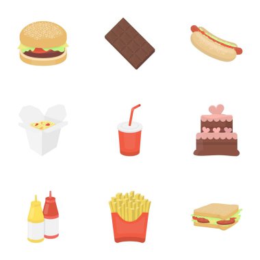 Fast food karikatür tarzı simgeleri ayarlayın. Lokanta vektör simge stok çizim büyük toplama