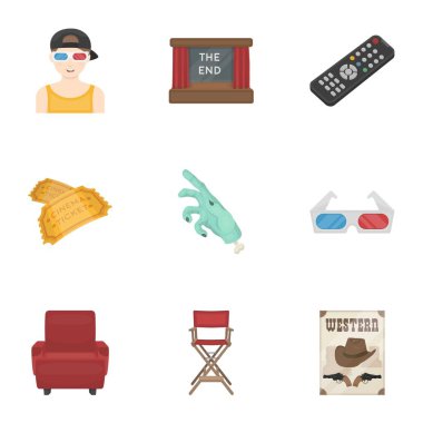 Filmler ve sinema çizgi film tarzı simgeleri ayarlayın. Filmler ve sinema vektör simge stok çizim büyük koleksiyonu