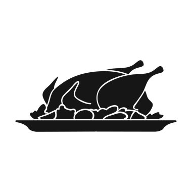 Garnitür simge siyah stil beyaz arka plan üzerinde izole içinde kavrulmuş tavuk. Restoran sembol stok vektör çizim.