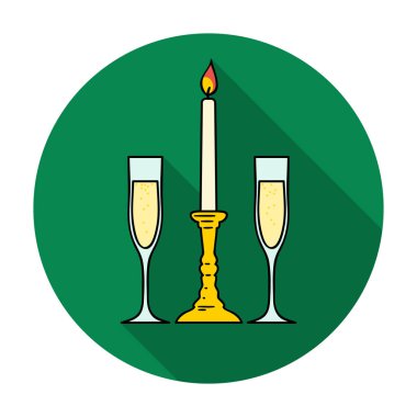 Düz stil beyaz arka plan üzerinde izole şampanya simgesinde gözlükle arasında mum. Restoran sembol stok vektör çizim.