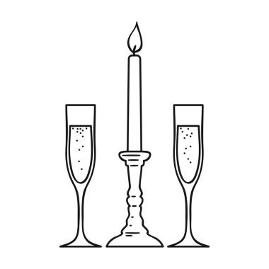 Gözlük şampanya simgesi beyaz arka plan üzerinde izole anahat tarzı ile arasında mum. Restoran sembol stok vektör çizim.