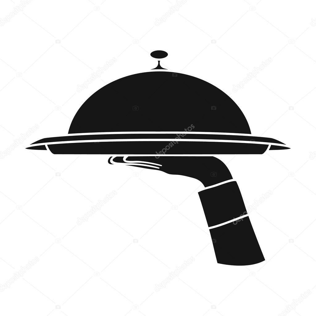 Waiters hand holding a tray with cloche icon in black style on white background. Restaurant symbol vector illustration.