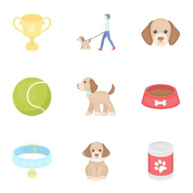 Köpek ekipman karikatür tarzı simgeleri ayarlayın. Büyük koleksiyon köpek ekipman vektör simge stok çizim