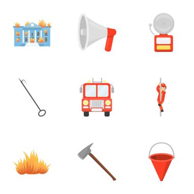 İtfaiye karikatür tarzı simgeleri ayarlayın. İtfaiye vektör simge stok çizim büyük toplama