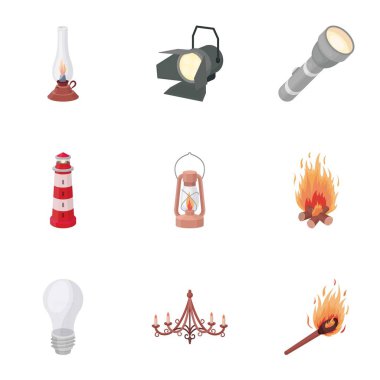 Işık kaynağı simgeleri karikatür tarzı ayarlayın. Işık kaynağının vektör simge stok çizim büyük toplama
