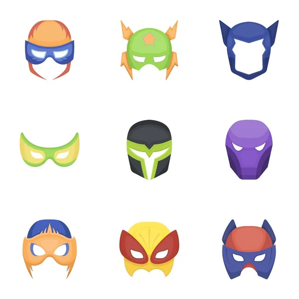 La máscara de superhéroe establece iconos en estilo de dibujos animados. Gran colección de superhéroe máscara vector símbolo stock ilustración — Archivo Imágenes Vectoriales