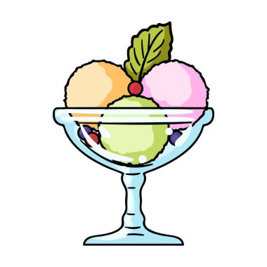 Beyaz arka plan üzerinde izole karikatür tarzı cam kase simgesinde dondurma. Restoran sembol stok vektör çizim.