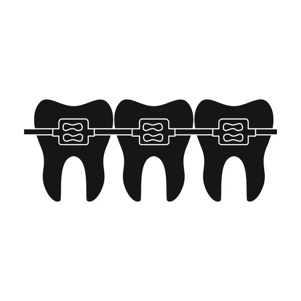 Dentes com aparelho dentário ícone em estilo preto isolado no fundo branco. Ilustração do vetor do estoque do símbolo do cuidado dental . — Vetor de Stock