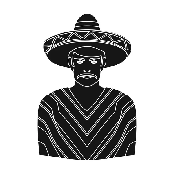 Człowiek z Meksyku w sombrero i poncho ikony w stylu czarno na białym tle. Meksyk kraju symbol Stockowa ilustracja wektorowa. — Wektor stockowy