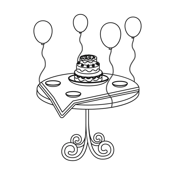 Tarta de cumpleaños en el icono de la mesa en estilo de contorno aislado sobre fondo blanco. Evento servicio símbolo stock vector ilustración . — Vector de stock