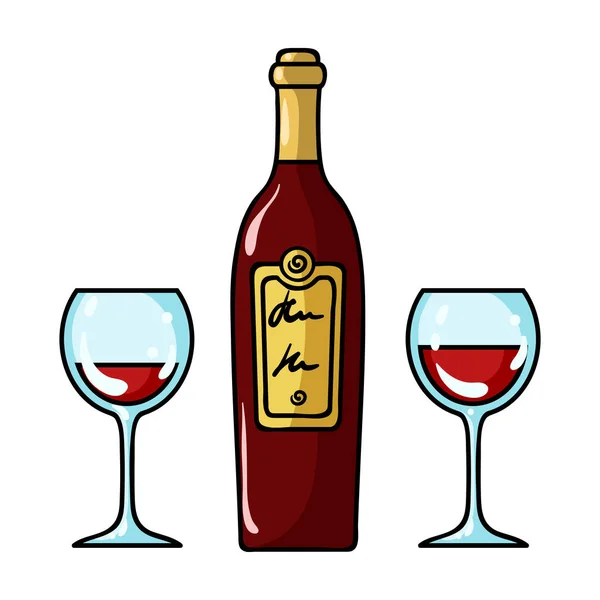 Fles rode wijn met glazen pictogram in cartoon stijl geïsoleerd op een witte achtergrond. Restaurant symbool voorraad vectorillustratie. — Stockvector