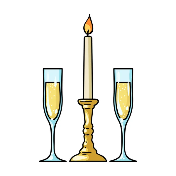Candela tra bicchieri con icona champagne in stile cartone animato isolato su sfondo bianco. Simbolo ristorante stock illustrazione vettoriale . — Vettoriale Stock